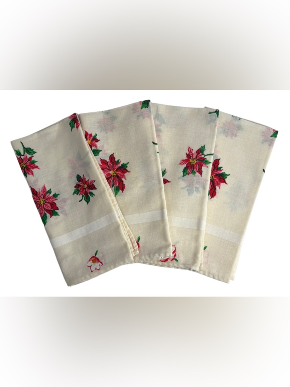 Vintage Set of 4 Hand Painted Poinsettia Christmas Napkins